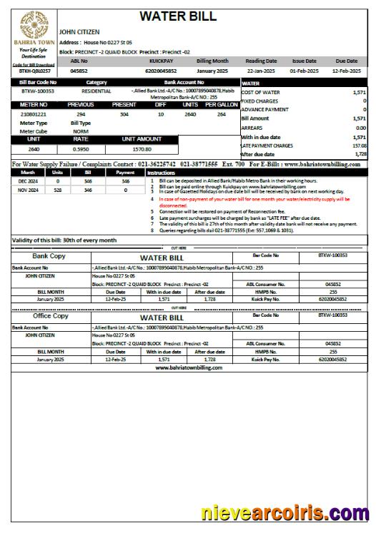 Pakistan Bahria Town utility bill